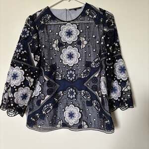 Kobi Halperin Blue and White Striped Embroidered Lace Overlay Blouse